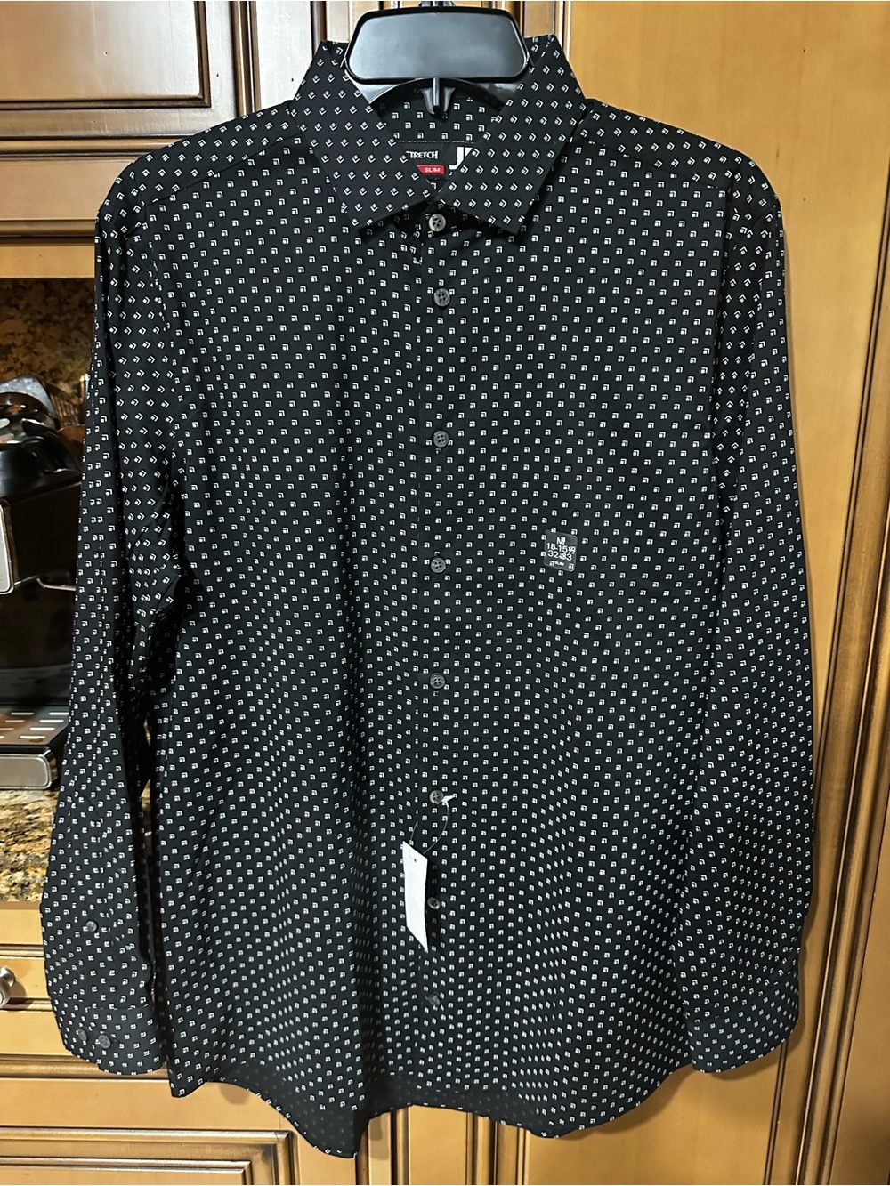 New J.Ferrar Men’s Slim Fit Stretch Dress Shirt Black Geometric Print Medium